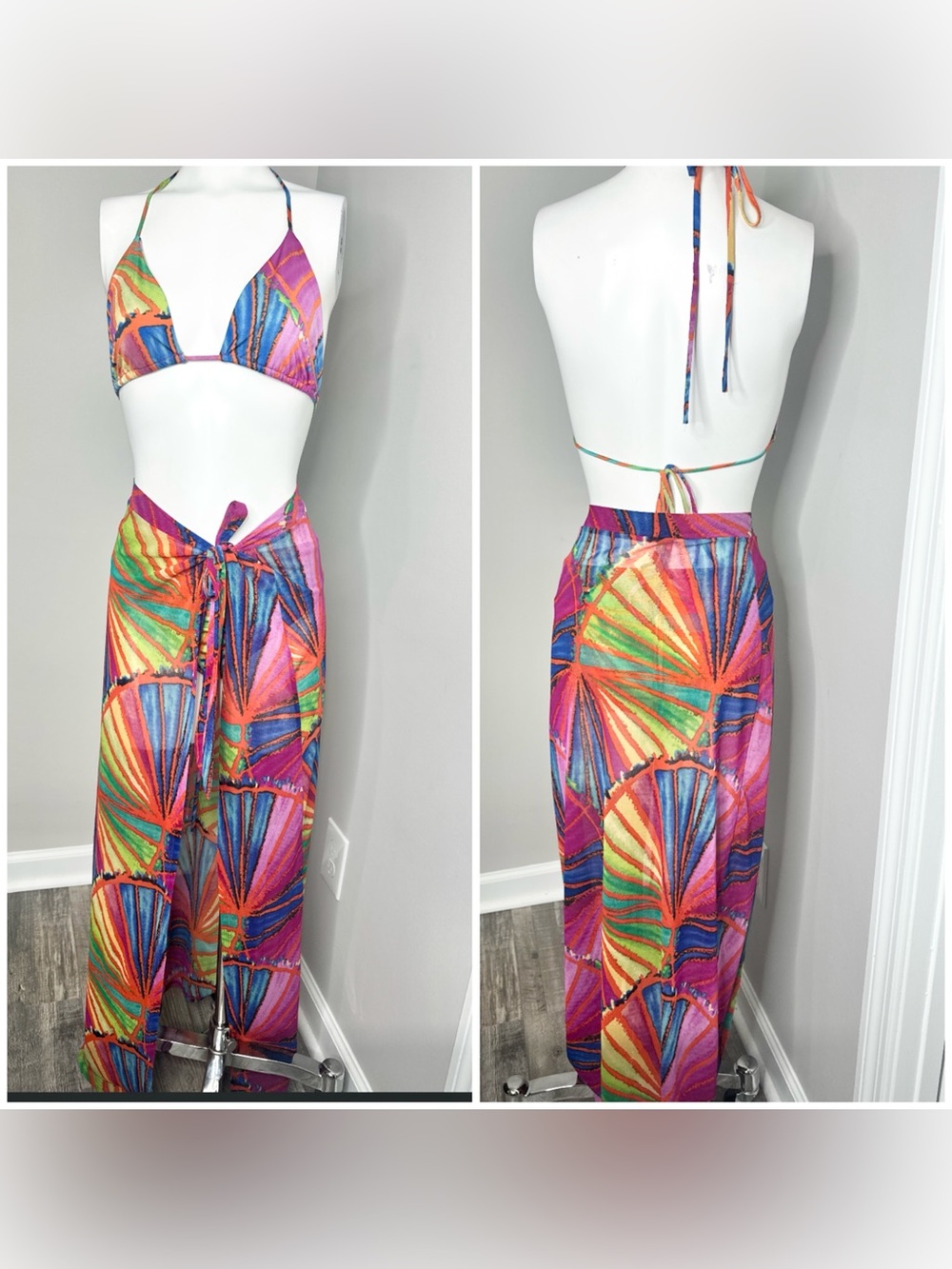 Fashion Nova Multicolor Shell-Print Triangle Bikini Top & Wrap Skirt Set-m